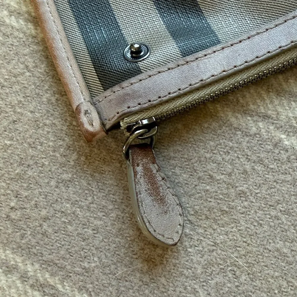 Burberry Check Canvas Zip Pouch with Leather Trim